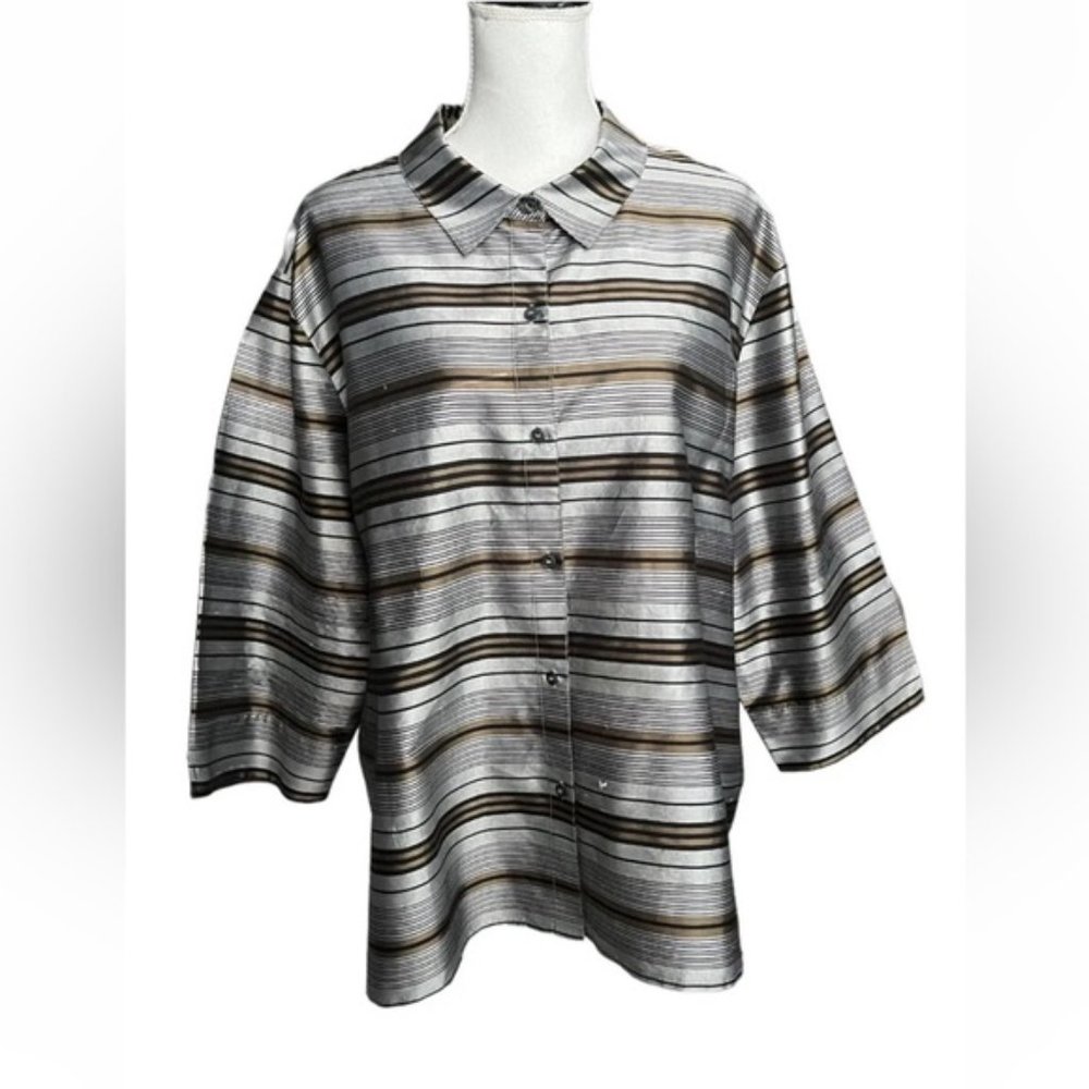 Coldwater Creek 3X 100% Silk Jacket Button Gray Black Striped 3/4 Sleeve FLAW